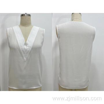 Solid Color V Neck Chiffon Lady's Sleeveless Top